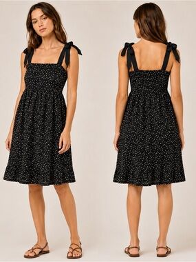 NWT THML Black Gold Metallic Embroidered Tie Strap Midi Dress Feminine Coquette